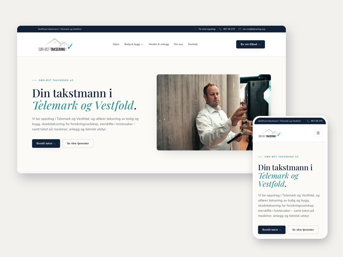 Nettsiden til Sør-Øst Taksering AS utviklet av Voxe, vist på desktop og mobil